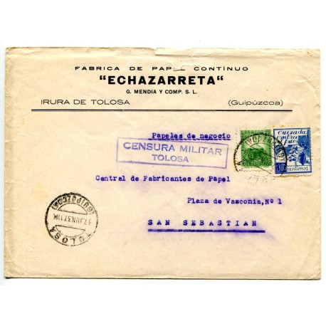 Cover from Tolosa to San Sebastián with Tolosa censor Heller T31.1