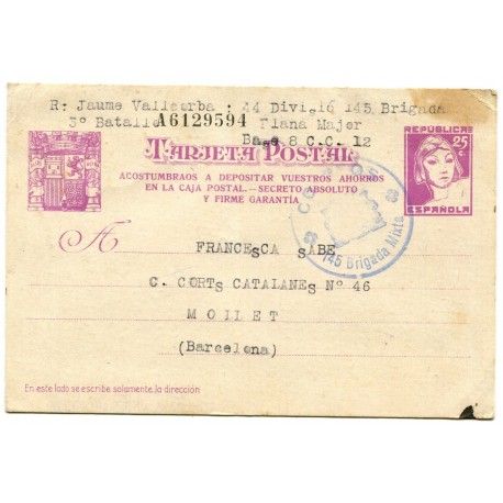 Postal stationery Edifil 70 with postmark from 145 Brigada Mixta, from the front to Mollet