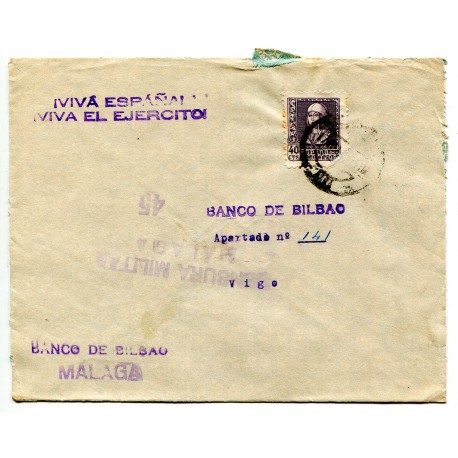 Censura de Málaga Heller M10.8c en sobre a Vigo, con local al dorso