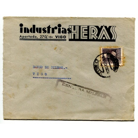 Censura de Vigo Heller V43.5 en sobre del correo interior con membrete Industrias Heras