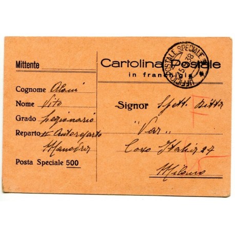 Corpo Truppe Volontarie, tarjeta postal a Milán con Ufficio Postale Speciale 3, 1938
