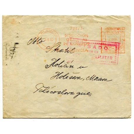International Brigades, cover to Czechoslovakia with Valencia Meter, censor and mark SCC111, 1937
