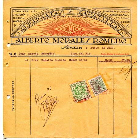 Invoice with Sevilla local 10c used as fiscal, 1937