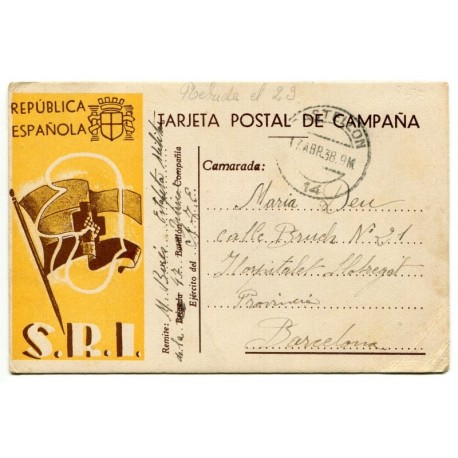 Tarjeta postal de campaña del SRI de Castellón a Hospitalet de Llobregat, 1938