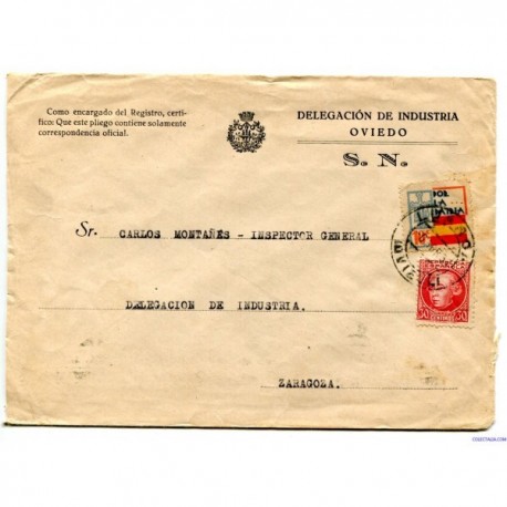 Cover with Asturias local from Liaño to Zaragoza, arrival backstamp, 1937