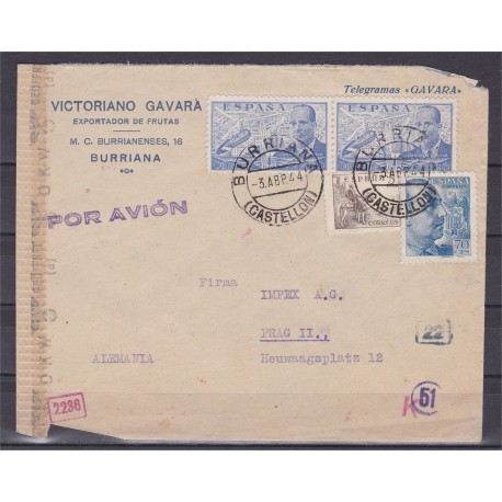 Cover from Burriana to Prague with Spanish & German censors, 1944