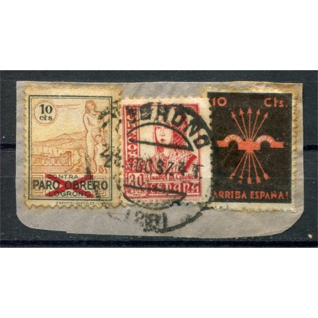 Strip of cover, circulated with Logroño local 10c, postage stamp 30c and Falange 10c label, Logroño postmark, on piece, used