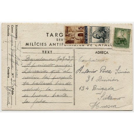 Tarjeta postal de las Milícies Antifexistes de Catalunya al frente de Aragón, 1937