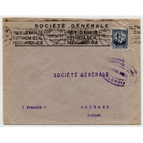 Cover from Valencia t Orleans, France, with censor, 1936