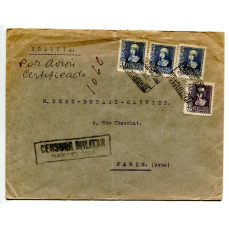 Registered air mail cover from Barcelona to Paris with censor Heller B20.7