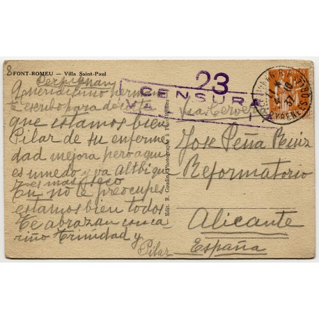 Post card from Perpignan, France, to Reformatori de Adultos prison, Alicante, 1937