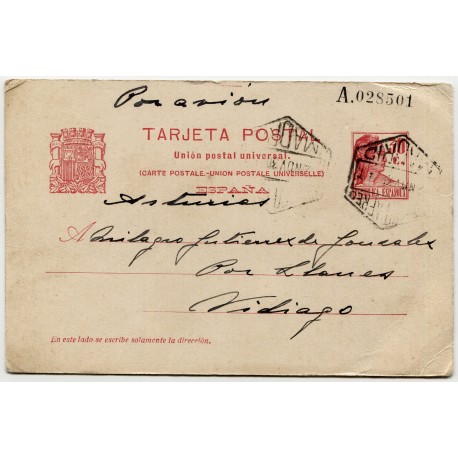 Air mail stationery postcard from Madrid to Vidiago, 1936