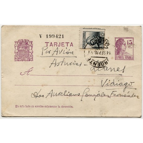 Stationery postcard from Madrid to Vidiago, 1936