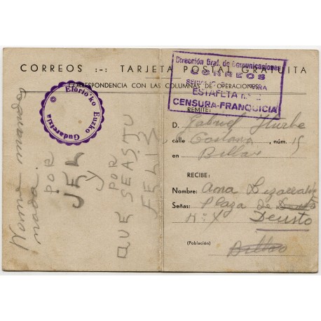 Basque Army, post card with franchise-censor mark, 1936