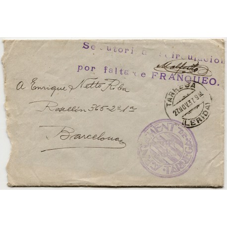 Sobre circulado sin sellos de Tàrrega a Barcelona, 1937