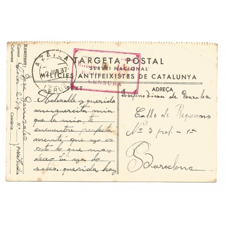 Field post card with Circunscripcion Sur-Ebro, Division Luis Jubert cernsor mark, 1937