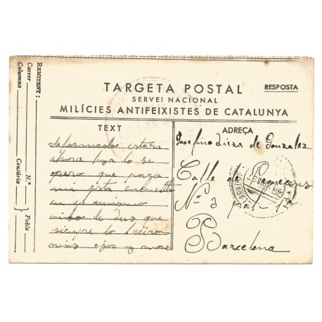 Field post card with Division Luis Jubert cernsor mark, La Puebla de Hijar, 1937