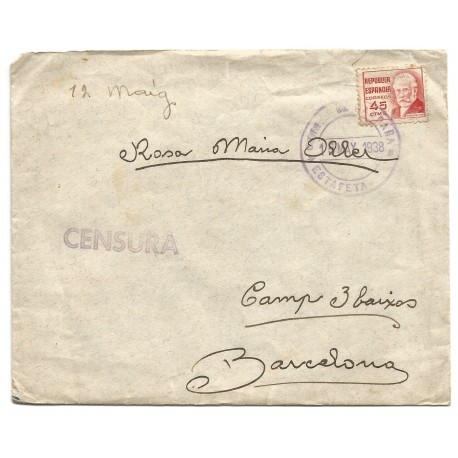 Field post cover from the front to Barcelona with field postmark and censor 1938