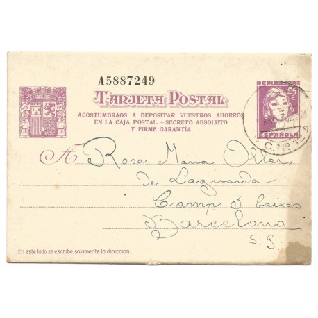 Entero postal Edifil 79 del frente a Barcelona con matasellos ECC No 12A, 1938