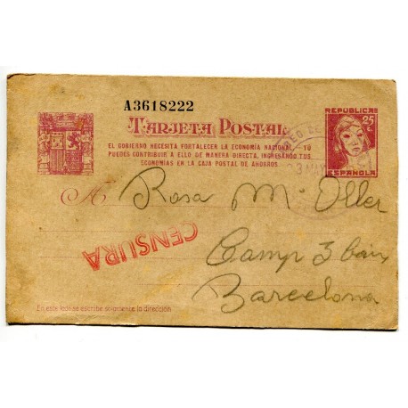 Postal stationery Edifil 77 with military postmark and censor, 1938. From the front to Barcelona