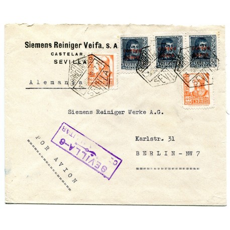Seville to Berlin, Germany. Air mail cover franked with Edifil 824 (2) & 845 (3)