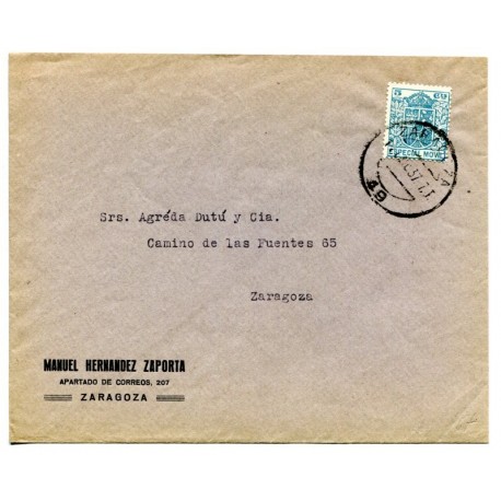 Zaragoza interior mail cover franked with a fiscal, 1937