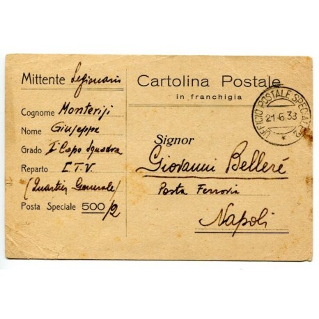 CTV, Post card to Napoli with Ufficio Postale Speciale 2 postmark