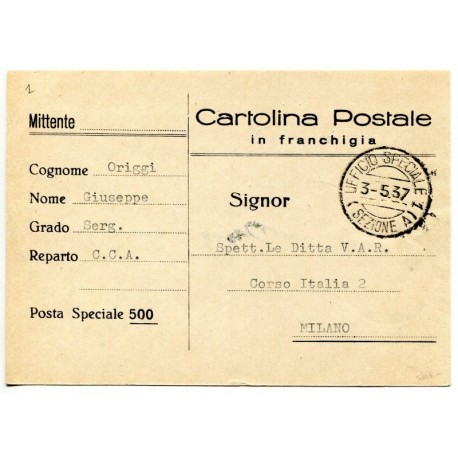 Corpo Truppe Volontarie, tarjeta postal a Milán con Ufficio Postale Speciale 1, Sezione A, 1937