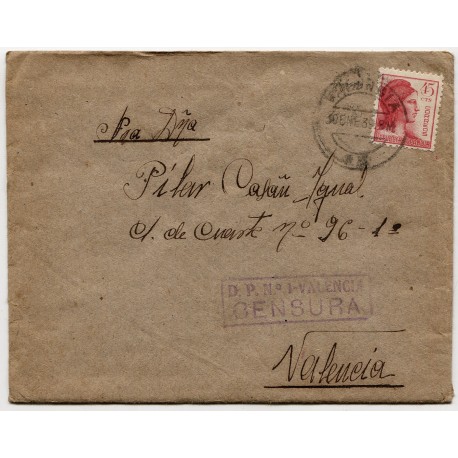 Sobre de la prisión de San Miguel de los Reyes con censura, 1939