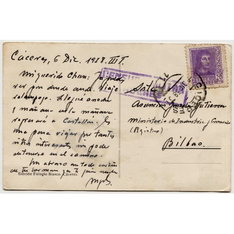 Tarjeta postal de Cáceres a Bilbao con marca de censura, 1938